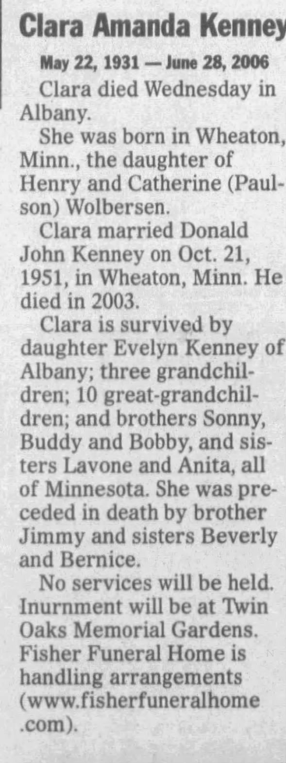 Obituary for Clara Amanda Kenney, 1931-2006